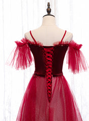 Red A-line Floor Length Off Shoulder Long Prom Dress, Red Long Evening Dress