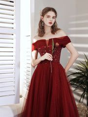 Wine Red Beaded Off Shoulder Lace-up Prom Dress, Wine Red Evening Party Dress