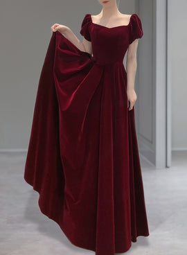 Burgundy Velvet Cap Sleeves Long Formal Dresses, A-line Velvet Evening Dress Prom Dresss