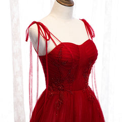 Wine Red Beaded Sweetheart Tulle Floor Length Party Dress, Wine Red Long Prom Dress