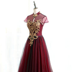 Charming Wine Red Cap Sleeves Long Tulle Evening Gown, Long Formal Dress