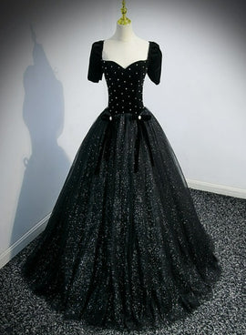 Black Short Sleeves Shiny Tulle Long Party Dress, Ball Gown Beaded Black Formal Dress