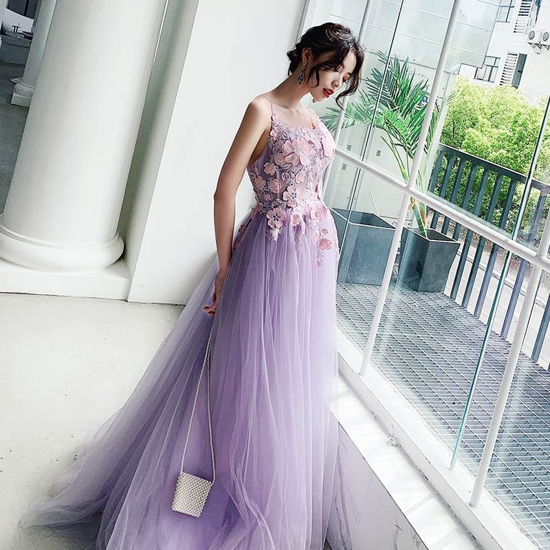 A Line Lace Lavender Sweetheart Tulle Prom Dress LBQ3082
