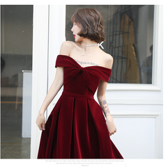 Beautiful Wine Red Off Shoulder Long Velvet Party Dress, Prom Dress