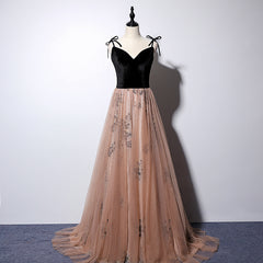 Sexy Champagne Tulle with Black Velvet Prom Dress, Straps Party Gown