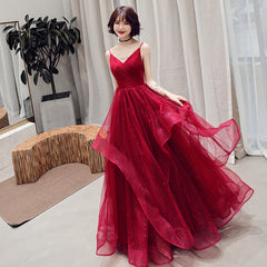 Wine Red A-line Tulle Long New Styles Layers Party Dress Formal Dress, Dark Red Prom Dress