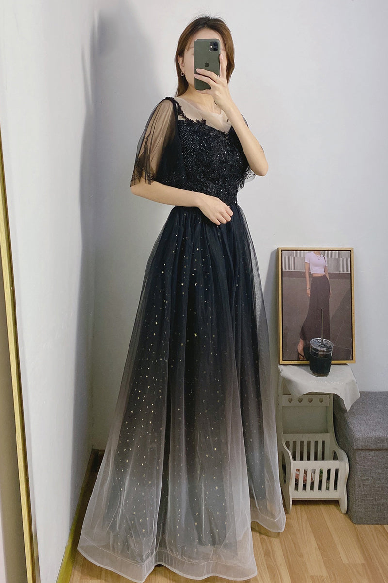 Black Gradient Tulle Off Shoulder Long Party Dresses, A-line Tulle Formal Dress Prom Dress