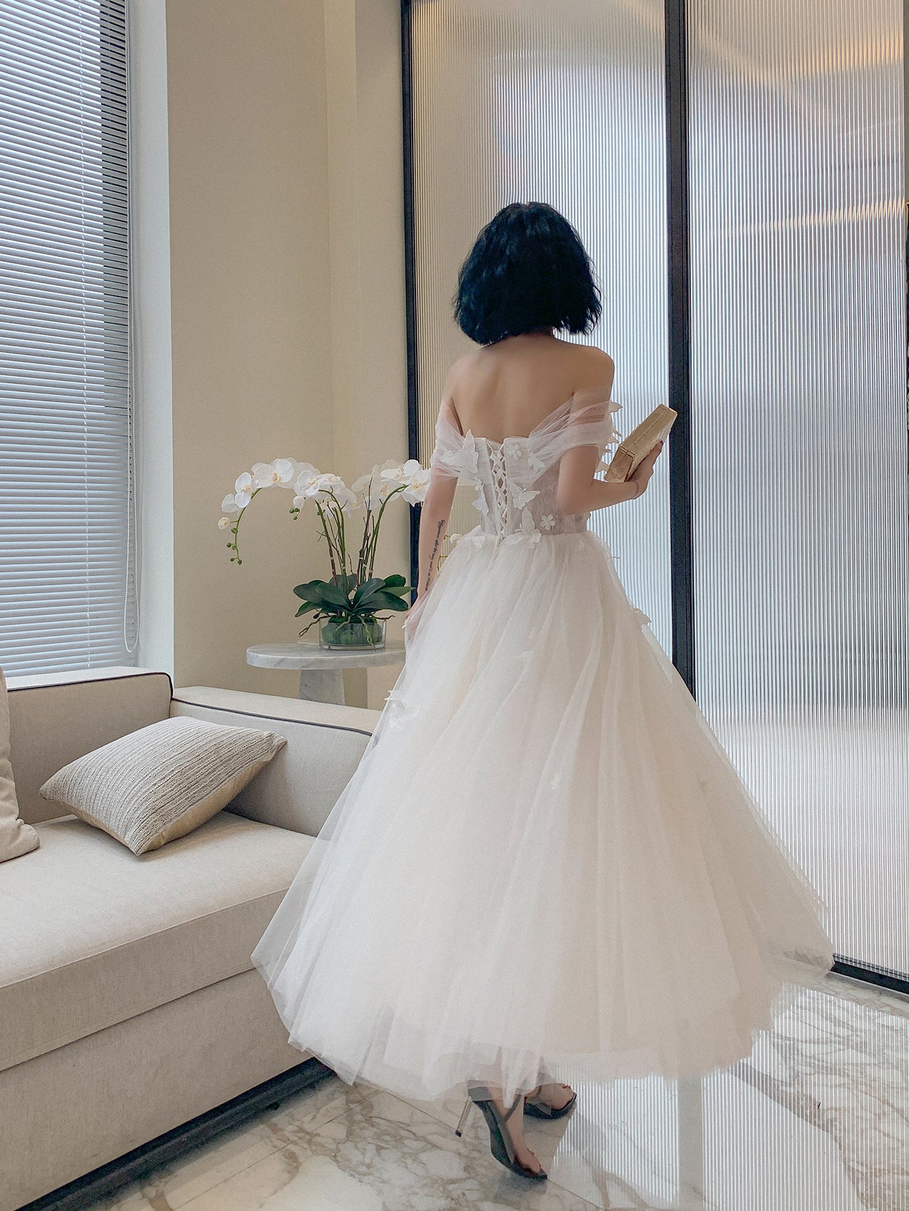 Cute White Tulle Tea length Off Shoulder Princess Party Dress, Lovely White Formal Dress