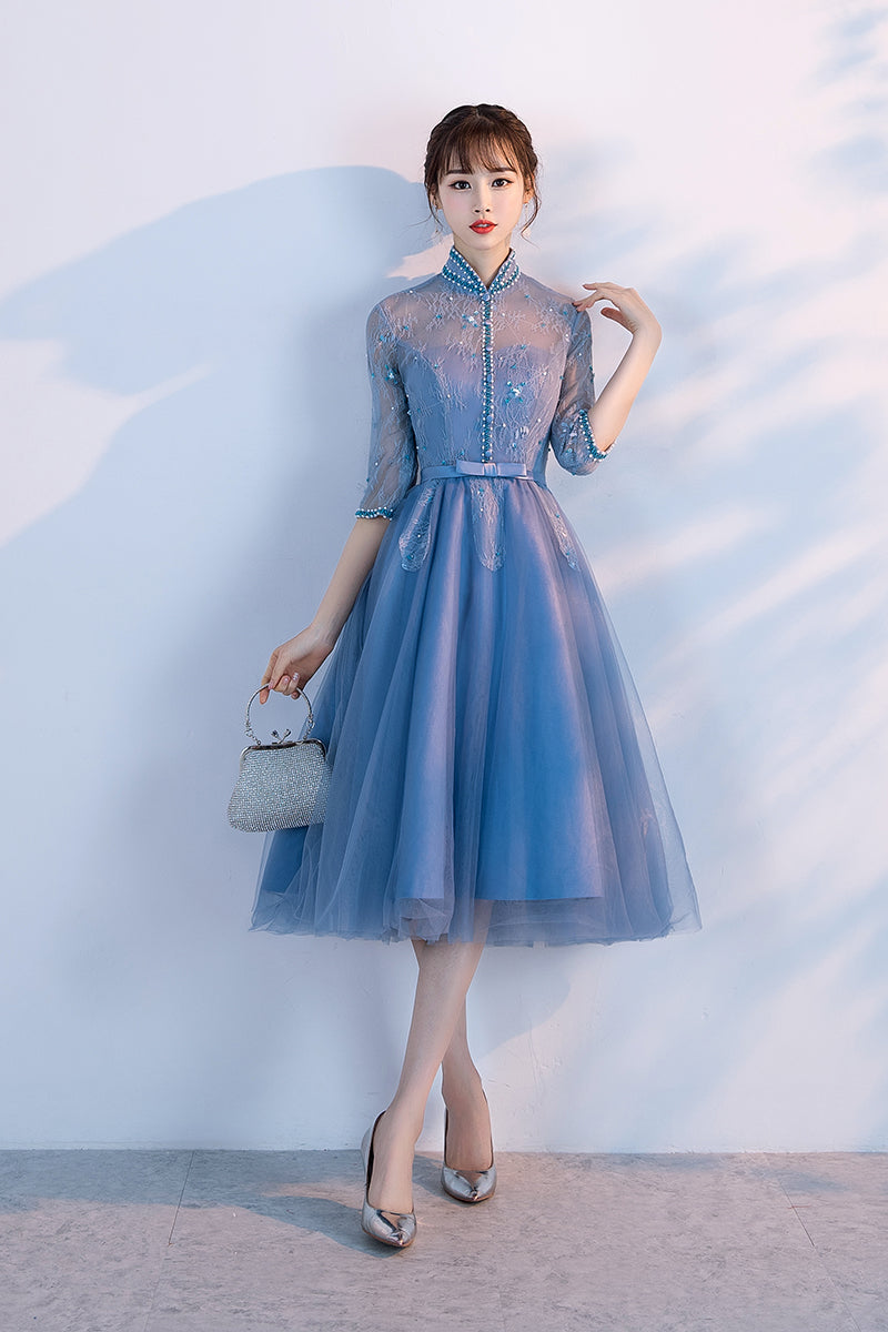 Beautiful Blue Knee Length Beaded Homecoming Dress, Short Sleeves Prom Cutedressy Beautiful Blue Knee Length Beaded Homecoming Dress, Short Sleeves Prom Cutedressy