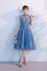 Beautiful Blue Knee Length Beaded Homecoming Dress, Short Sleeves Prom Dress