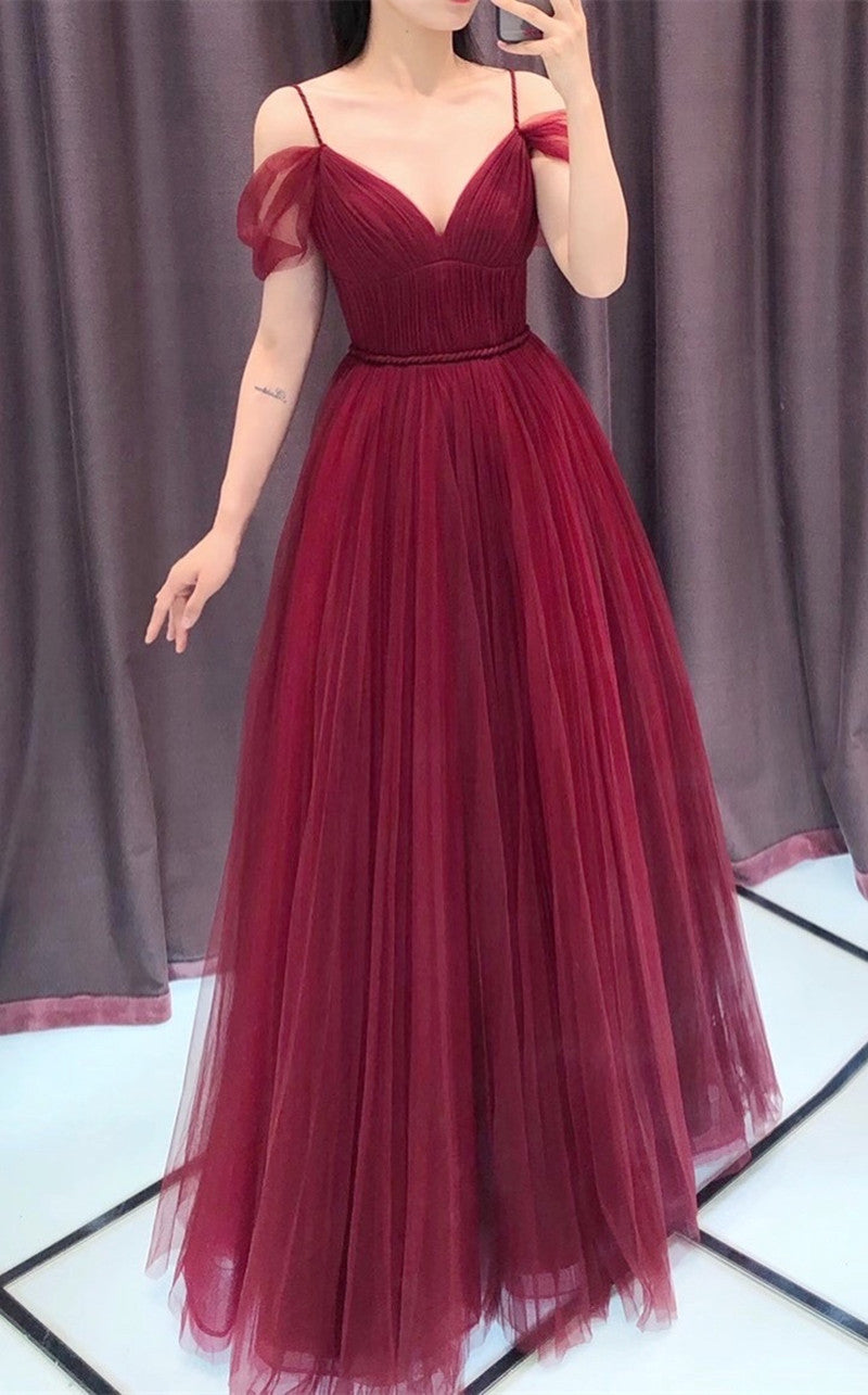 Wine Red Straps Off Shoulder A-line Tulle Evening Dress Party Dress, Dark Red Prom Dress Formal Gown