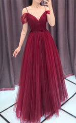 Wine Red Straps Off Shoulder A-line Tulle Evening Dress Party Dress, Dark Red Prom Dress Formal Gown