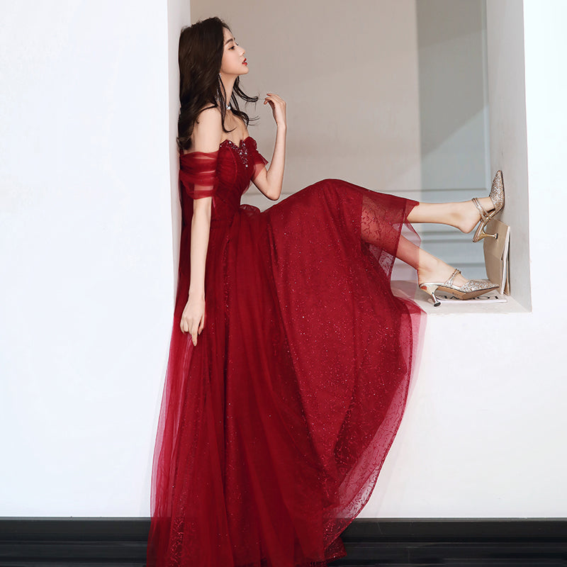 Wine Red Sexy V-neck Beaded Tulle Long Prom Dress, Dark Red Tulle With Applique Evening Dresses