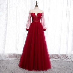 Wine Red Long Sleeves Round Neckline Beaded Party Dress, Wine Red Long Prom Dress