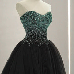 Black Tulle Sweetheart Beaded Long Evening Gown, Black A-line Prom Dresses