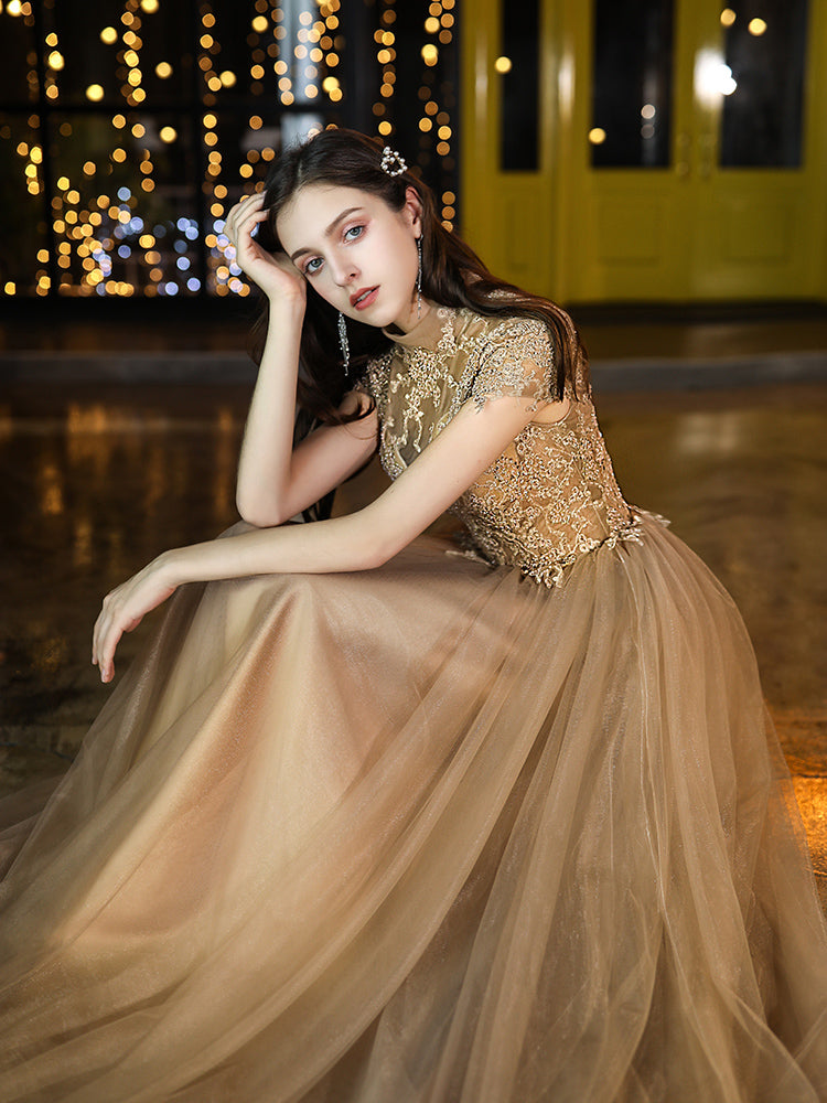 champagne party dresses Shimmering Champagne Dress with Pointy Back Bodice