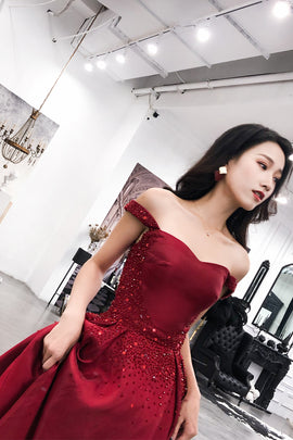 Burgundy Satin Long Sweetheart Beaded Evening Dress, Wine Red Prom Dress
