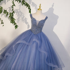 Charming Beaded Tulle Ball Gown Sweet 16 Gown, Blue Long Formal Dresses