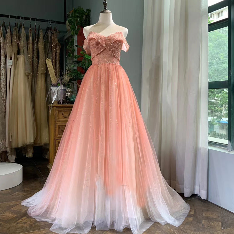 Beautiful Pink Tulle Gradient Beaded Off Shoulder Party Dress, Pink Prom Gown