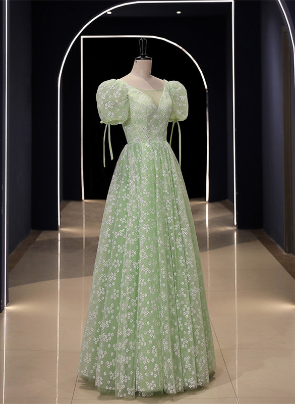 Light Green Floral V-neckline Short Sleeves Party Dress, A-line Green Cutedressy Light Green Floral V-neckline Short Sleeves Party Dress, A-line Green Cutedressy