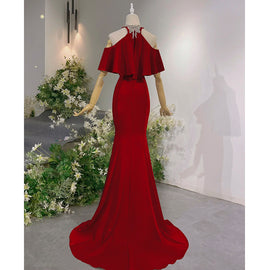 Wine Red Mermaid Off Shoulder Halter Neckline Party Dress, Wine Red Evening Gown
