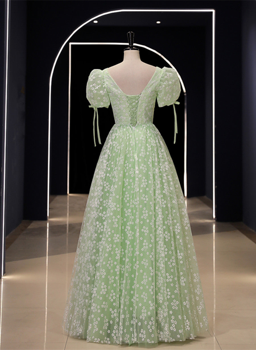 Light Green Floral V-neckline Short Sleeves Party Dress, A-line Green Cutedressy Light Green Floral V-neckline Short Sleeves Party Dress, A-line Green Cutedressy