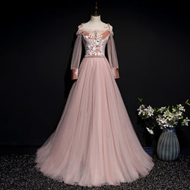 Pink Tulle and Velvet Long Sleeves Flowers Evening Dress, New Style A-line Party Dress