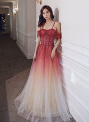Red Gradient Tulle Sweetheart Beaded Straps Prom Dres, Red Long Formal Dress