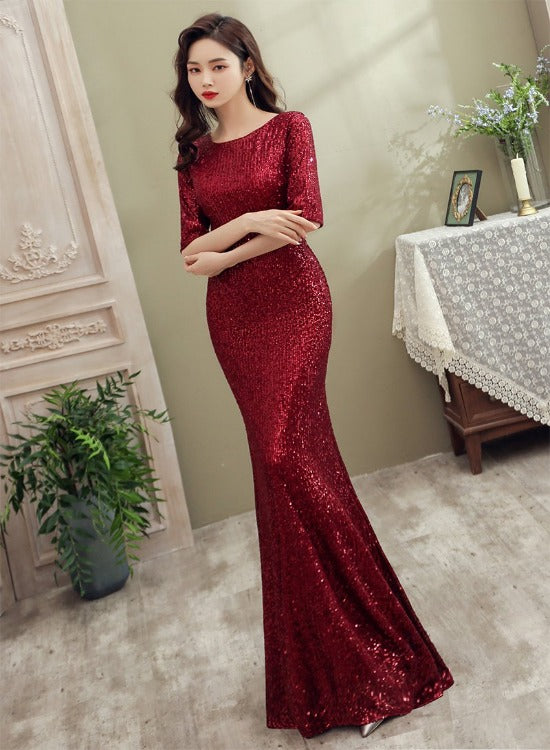 Wine Red Sequins Mermaid Long Evening Dress Party Dress, Dark Red Sequins Bridesmaid Dress