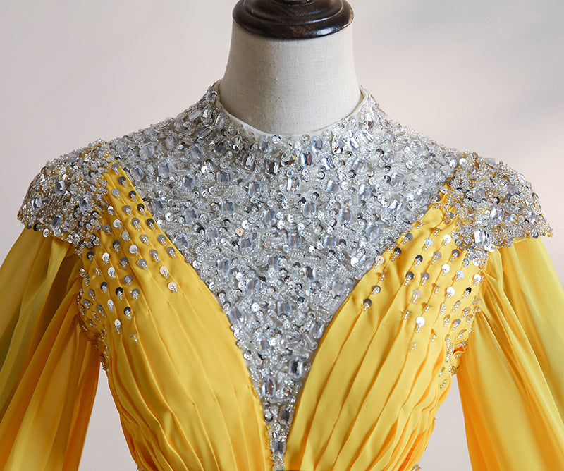 Yellow Chiffon Long Beaded Ball Gown Formal Dress, Yellow Formal Dress ...