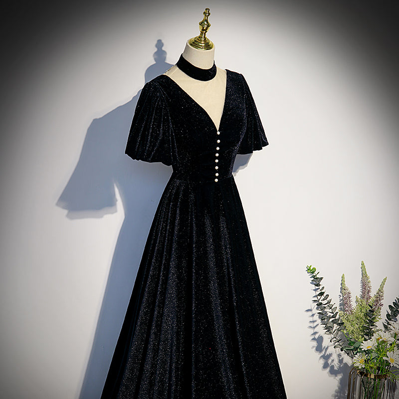 Long Velvet V-neckline Floor Length Prom Dresses, Black Evening Weddin
