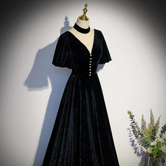 Long Velvet V-neckline Floor Length Prom Dresses, Black Evening Wedding Party Dresses