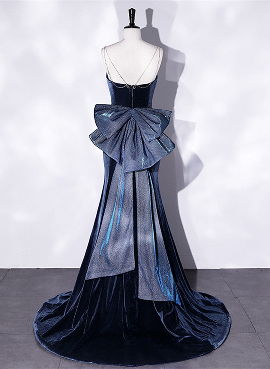 Blue Velvet Mermaid Straps Low Back Party Dress with Bow, Blue Long Ev Cutedressy Blue Velvet Mermaid Straps Low Back Party Dress with Bow, Blue Long Ev Cutedressy