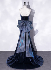Blue Velvet Mermaid Straps Low Back Party Dress with Bow, Blue Long Evening Dress