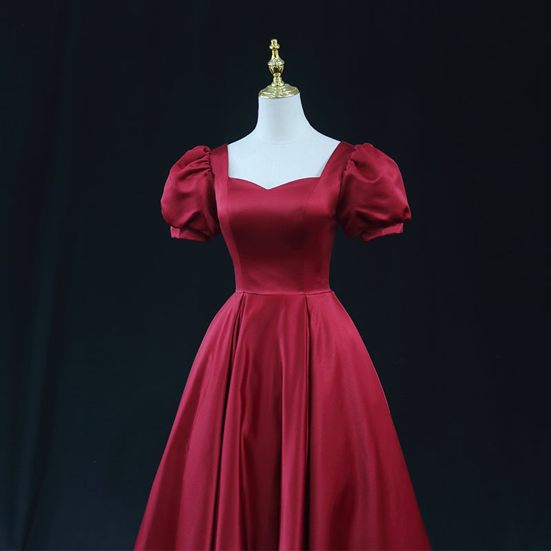 Wine red tight square neck tea long pleated satin bridesmaid dress main image 0