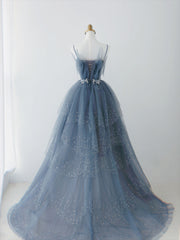 Blue Shiny Tulle Layers Straps Beaded Long Prom Dress, A-line Chic Evening Dress