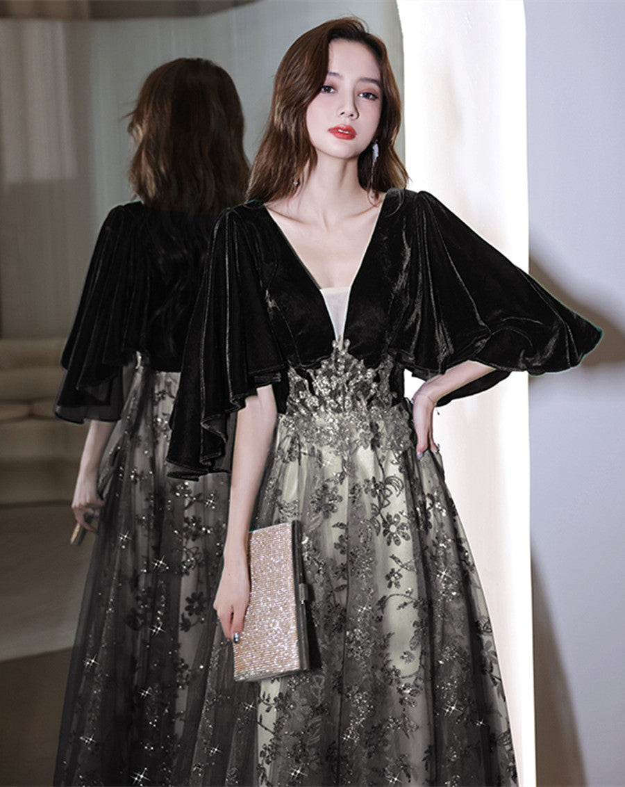 Black Velvet and Tulle Long Lace Party Dress, Black A-line Formal Dress