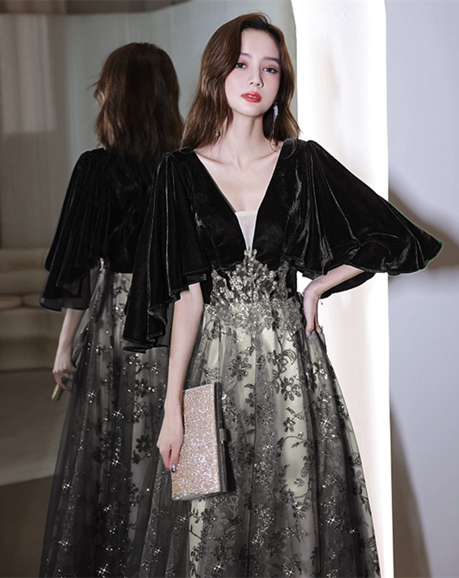 Black Velvet and Tulle Long Lace Party Dress, Black A-line Formal Dress Black Velvet and Tulle Long Lace Party Dress, Black A-line Formal Dress