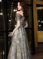 Grey A-line Floral Tulle Off Shoulder Long Party Dress, Grey Floor Length Prom Dress