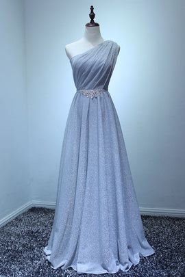 Beautiful Grey One Shoulder Lace-up Long Bridesmaid Dress, Grey Party Dress, Prom Dress
