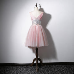 Lovely Pink V-neckline Tulle and Sequins Party Dress, Pink Prom Dress