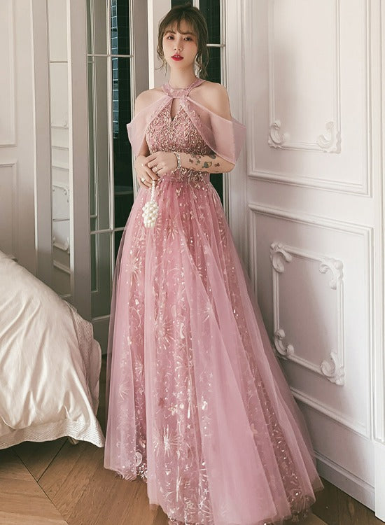Pink Tulle A-line Long Formal Dresses, Pink High Neckline Party Dresses Prom Dresses