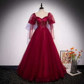 Wine Red Tulle Long Sleeves A-line Party Dress Prom Dress, Burgundy Tulle Evening Dresses