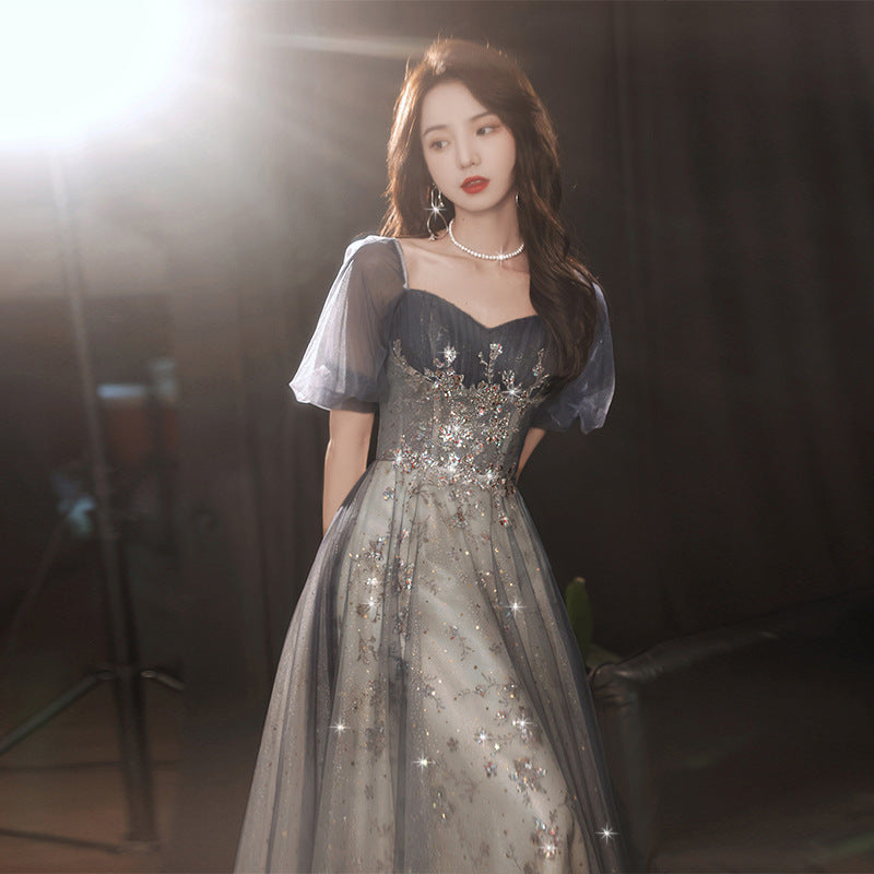 Elegant A-line Grey Tulle Short Sleeves Long Party Dress, Grey Evening Cutedressy Elegant A-line Grey Tulle Short Sleeves Long Party Dress, Grey Evening Cutedressy