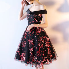Stylish Black Off Shoulder Party Dress, Beautiful Floral Prom Dress