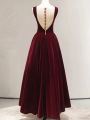 Beautiful Wine Red Velvet Long Simple Party Dress, Wine Red Bridesmaid Dresses