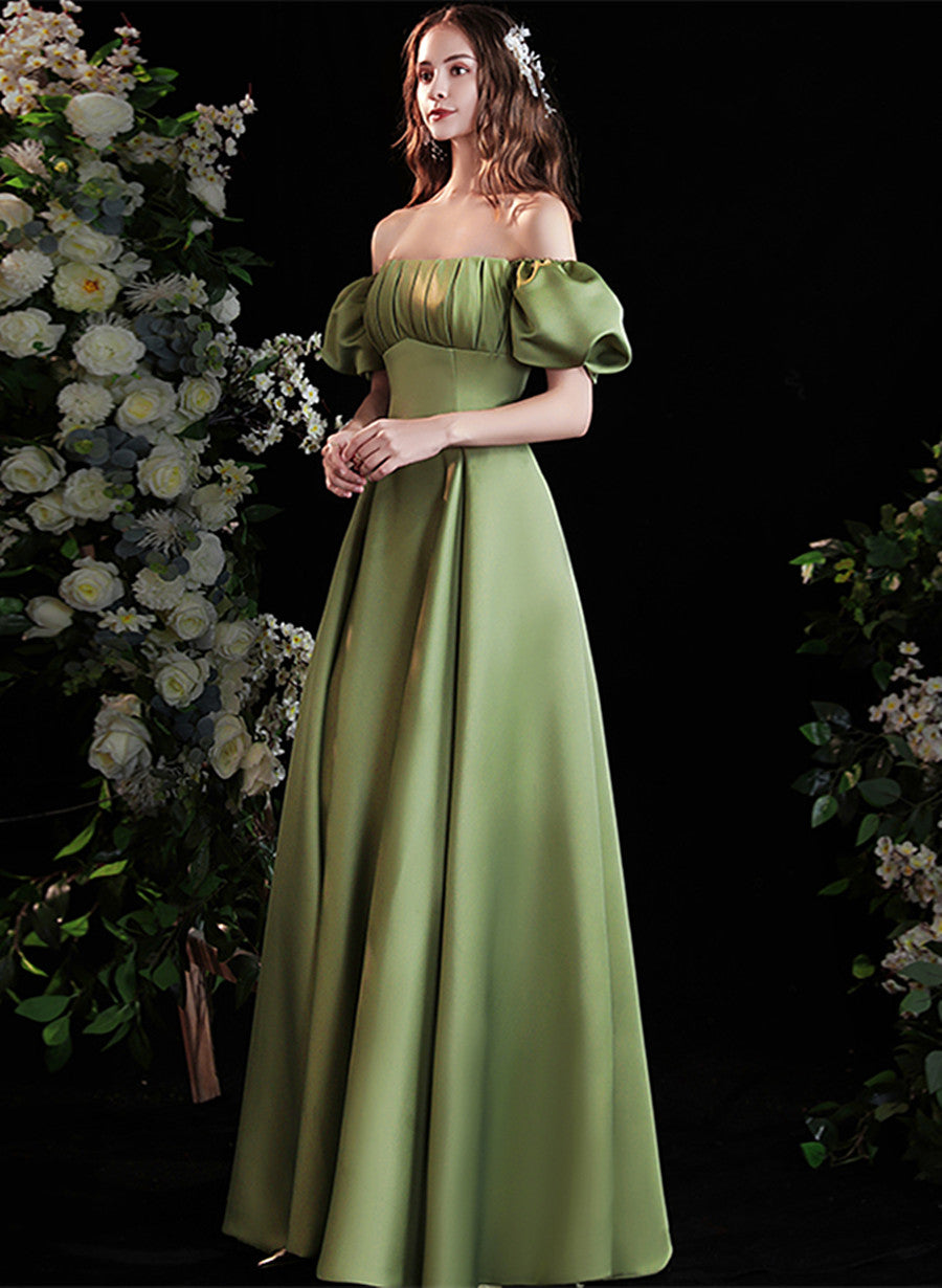 Green Satin Short Sleeves Scoop Neckline Prom Dress, Green Long Formal Cutedressy Green Satin Short Sleeves Scoop Neckline Prom Dress, Green Long Formal Cutedressy