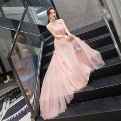 Light Pink Tulle with Flowers A-line Long Party Dress Evening Dress, Pink New Style Prom Dress