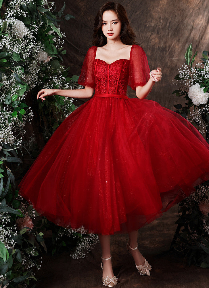 Wine Red Tulle Short Sleeves Tea Length Party Dress with Lace, Dark Red Formal Dresses
