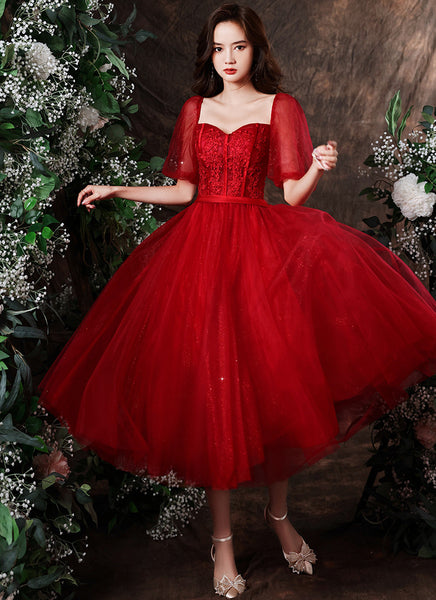 Wine Red Tulle Short Sleeves Tea Length Party Dress with Lace, Dark Re Cutedressy Wine Red Tulle Short Sleeves Tea Length Party Dress with Lace, Dark Re Cutedressy